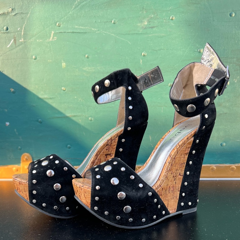 BeBe Imelda Silver Stud Lacquered Black Cork Wedges